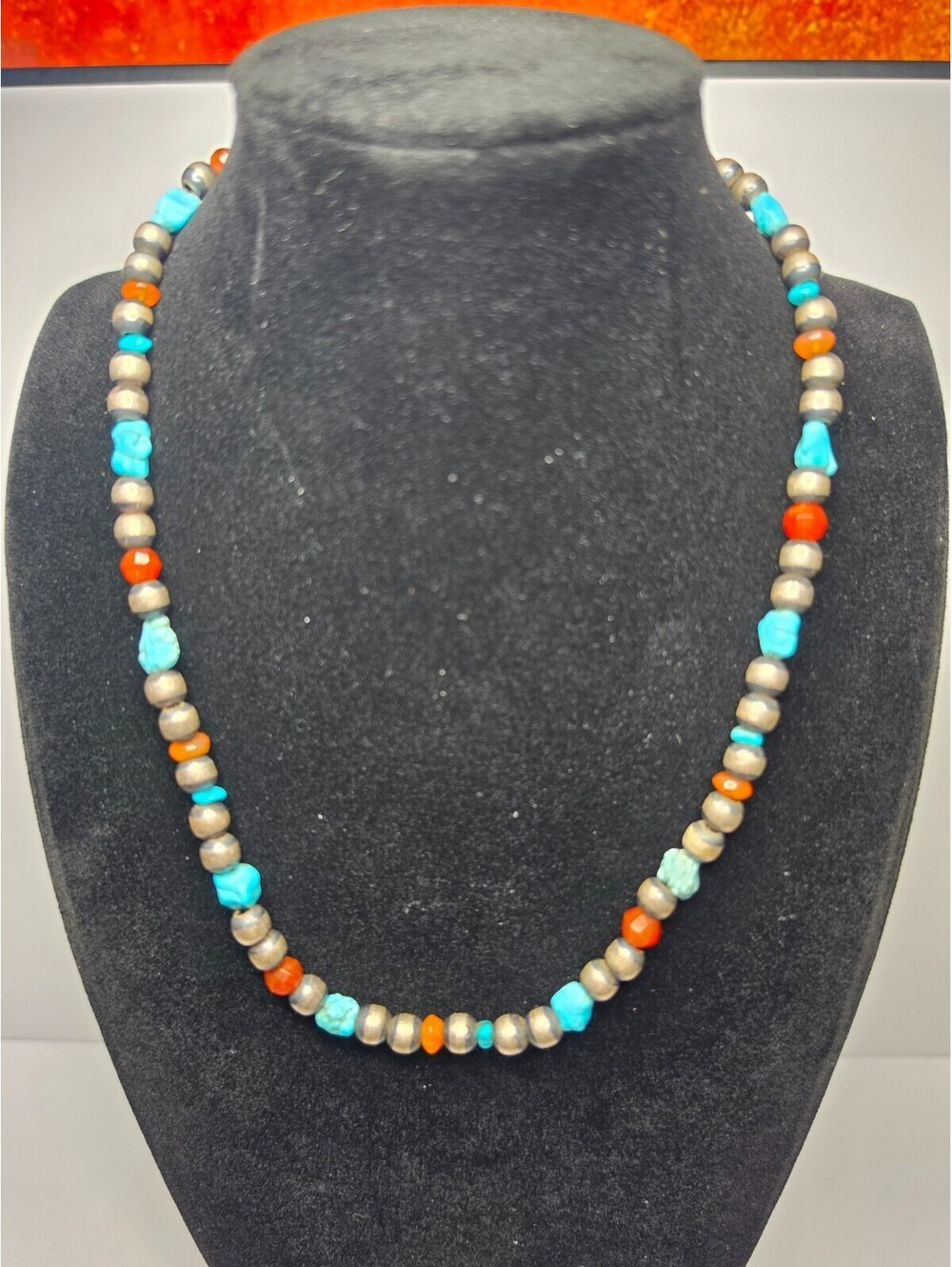 Vintage Native American Sterling Silver Turquoise Carnelian Bead Necklace 16"